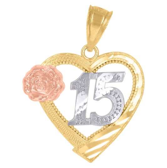 10K Tri-Color Gold Womens Textured Sweet 15 Anos Quinceanera Heart Charm Pendant