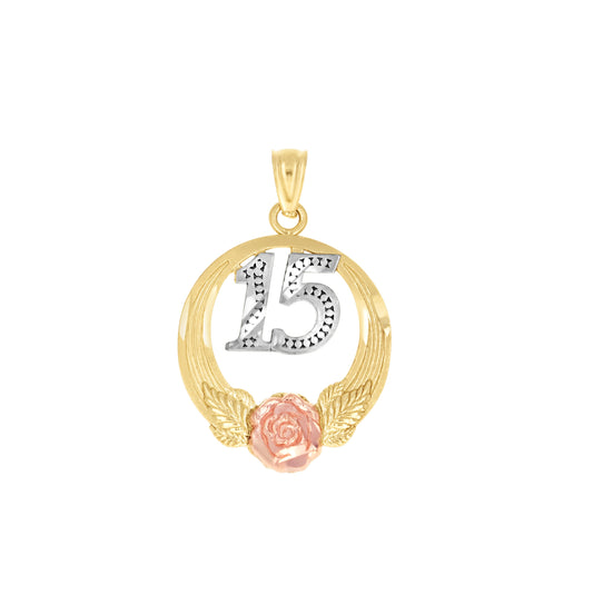 10K Tri-Color Gold Unisex Diamond-Cut 15 Anos Flower Charm Pendant