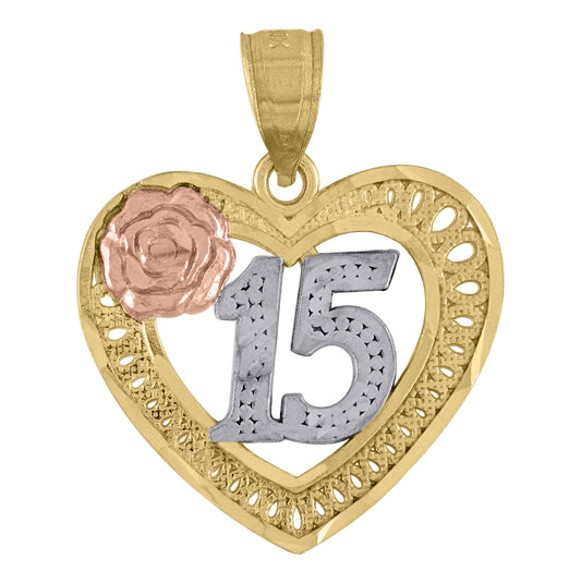 10K Tri-Color Gold Unisex Diamond-Cut 15 Anos Flower Heart Charm Pendant