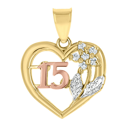 10K Gold Tri-Color Cubic-Zirconia Womens 15 Anos Heart Charm Pendant