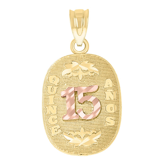 10K Two-tone Gold Diamond-Cut Womens 15 Anos Quinceanera Charm Pendant