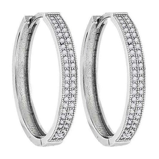 Sterling Silver Womens Cubic Zirconia Double Row Hoop Earrings