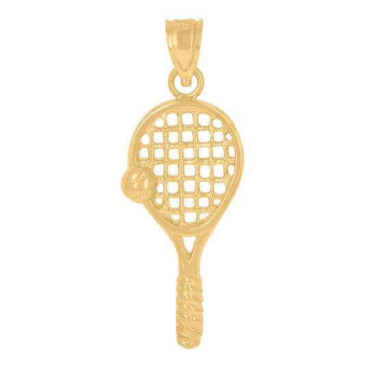 10K Yellow Gold Diamond-Cut Unisex Tennis Racquet Ball Sports Charm Pendant