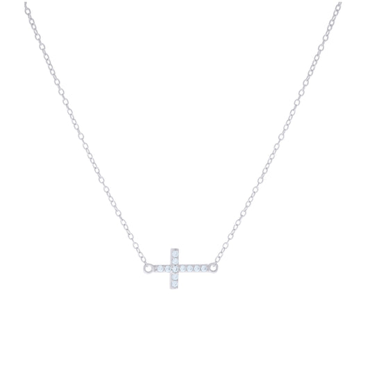 Sterling Silver Women Cubic Zirconia Rolo Link Cross Sideway Chain Necklace