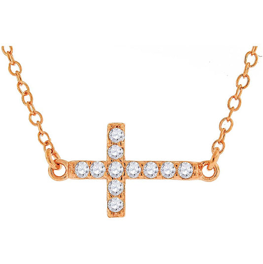 Sterling Silver Rose-Tone Women Cubic Zirconia Rolo Link Cross Sideway Chain Necklace