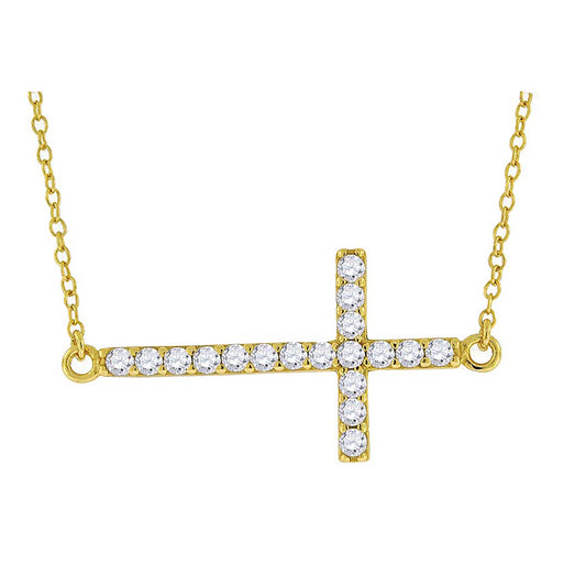 Sterling Silver Yellow-Tone Women Cubic Zirconia Rolo Link Cross Sideway Chain Necklace