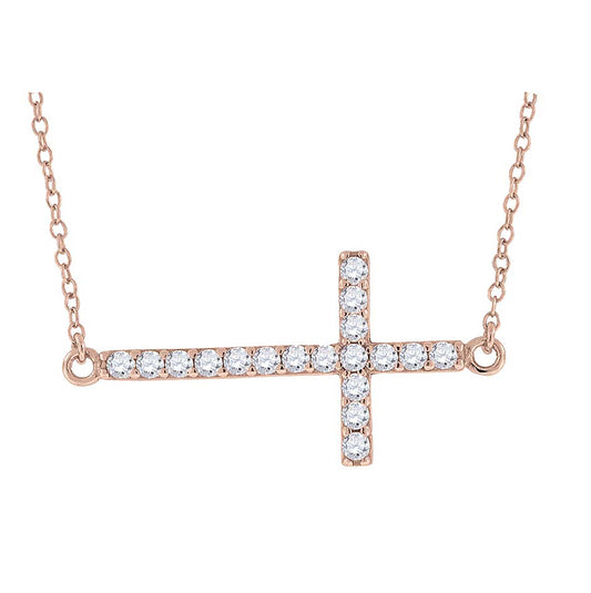 Sterling Silver Rose-Tone Women Cubic Zirconia Rolo Link Cross Sideway Chain Necklace