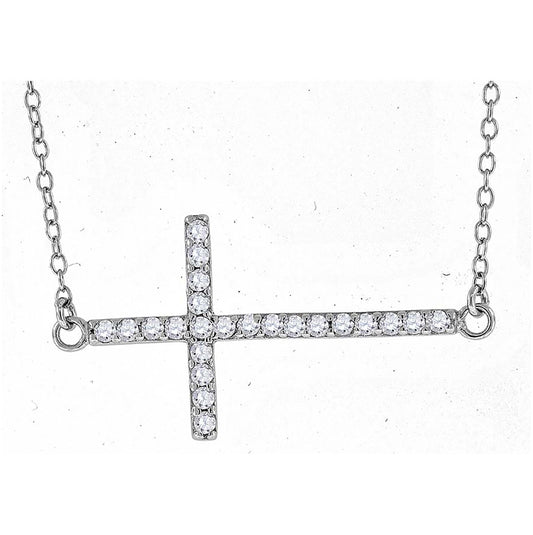 Sterling Silver Women Cubic Zirconia Rolo Link Cross Sideway Chain Necklace