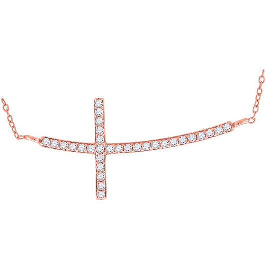 Sterling Silver Rose-Tone Women Cubic Zirconia Rolo Link Cross Sideway Chain Necklace