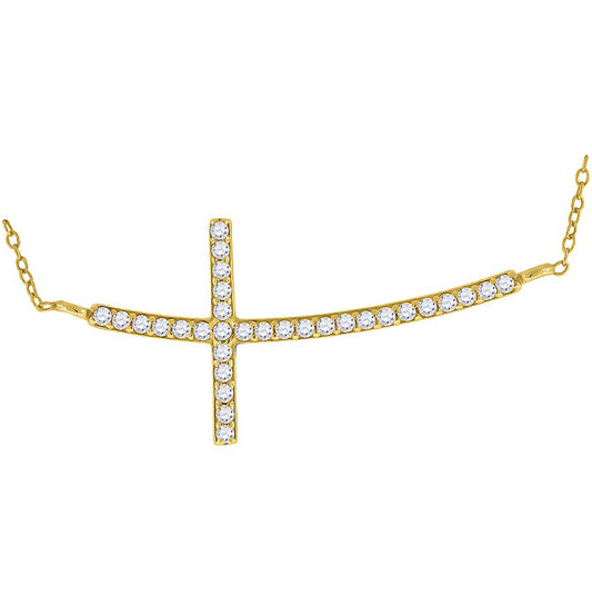 Sterling Silver Yellow-Tone Women Cubic Zirconia Rolo Link Cross Sideway Chain Necklace