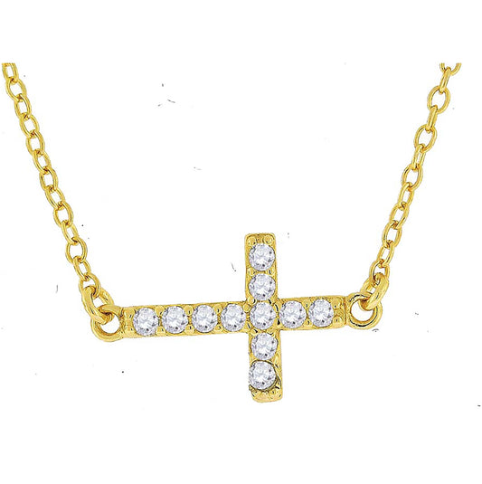 Sterling Silver Yellow-Tone Women Cubic Zirconia Rolo Link Cross Sideway Chain Necklace