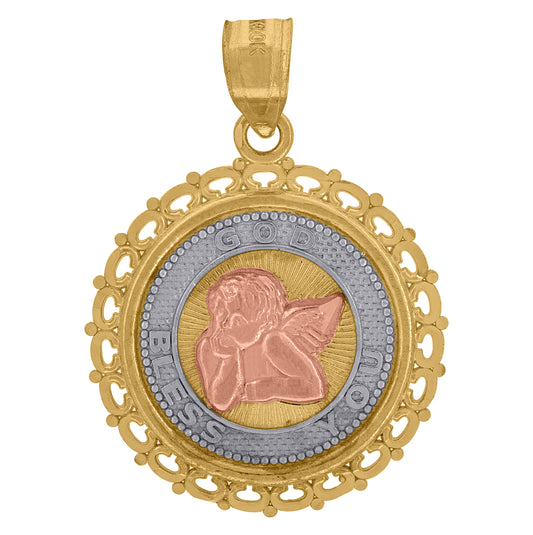 10K Tri-Color Gold Mens Diamond-Cut Guardian Angel Greek Key Border Religious Charm Pendant