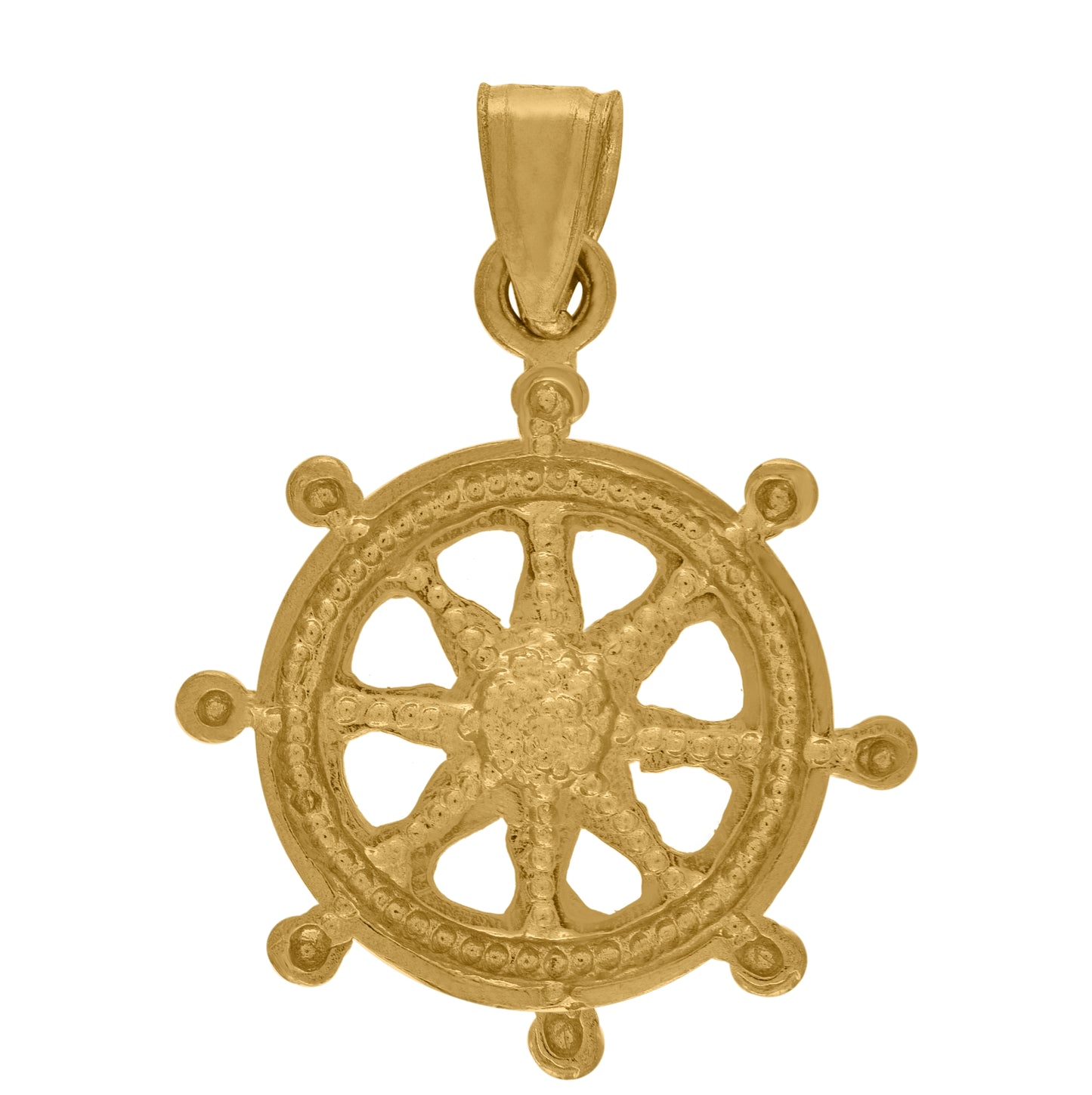 10K Yellow Gold Textured Unisex Ship Wheel Charm Pendant