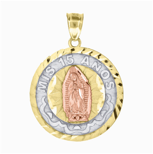 10K Gold Tri-Color Diamond-Cut Unisex Mis 15 Anos Guadalupe Mary Quinceanera Pendant