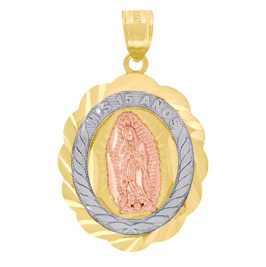 10K Gold Tri-Color Diamond-Cut Unisex Mis 15 Anos Guadalupe Mary Quinceanera Pendant