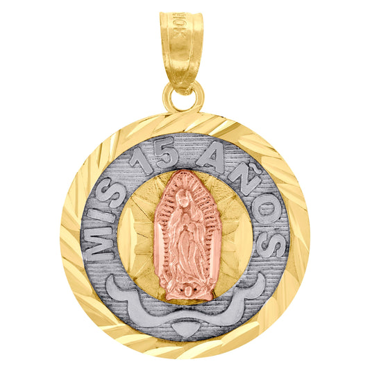 10K Gold Tri-Color Diamond-Cut Unisex Mis 15 Anos Guadalupe Mary Quinceanera Pendant