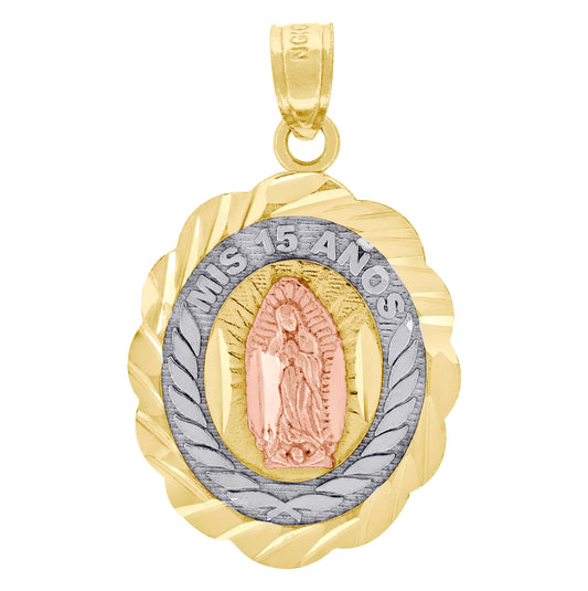 10K Gold Tri-Color Diamond-Cut Unisex Mis 15 Anos Guadalupe Mary Quinceanera Pendant