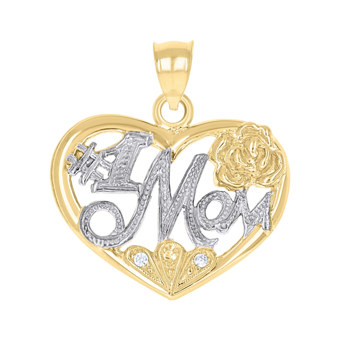 10K Two-Tone Gold Womens Textured #1 Mom Heart Charm Pendant