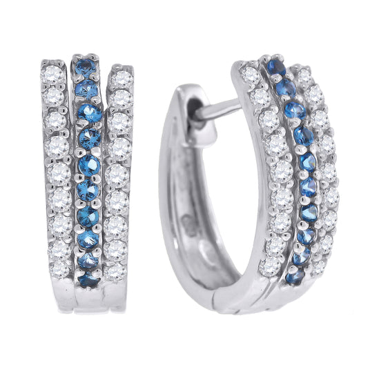 Sterling Silver Womens Blue Cubic Zirconia Triple Row Huggie Hoop Earrings