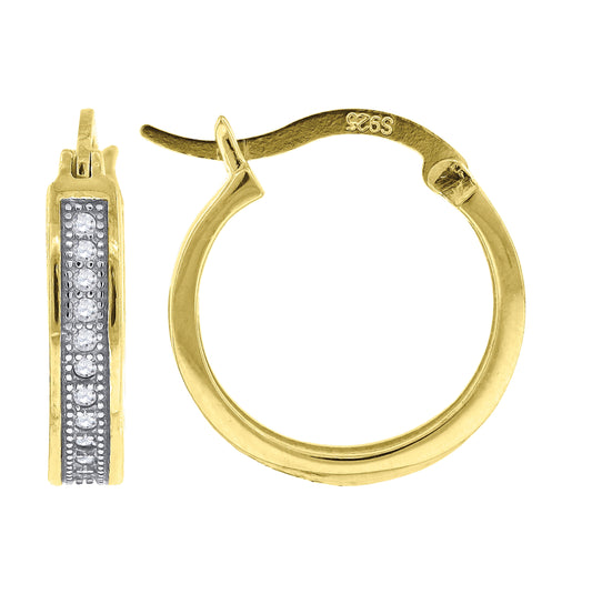 Sterling Silver Yellow-Tone Womens Cubic Zirconia Single Row Migraine Huggie Hoop Earrings