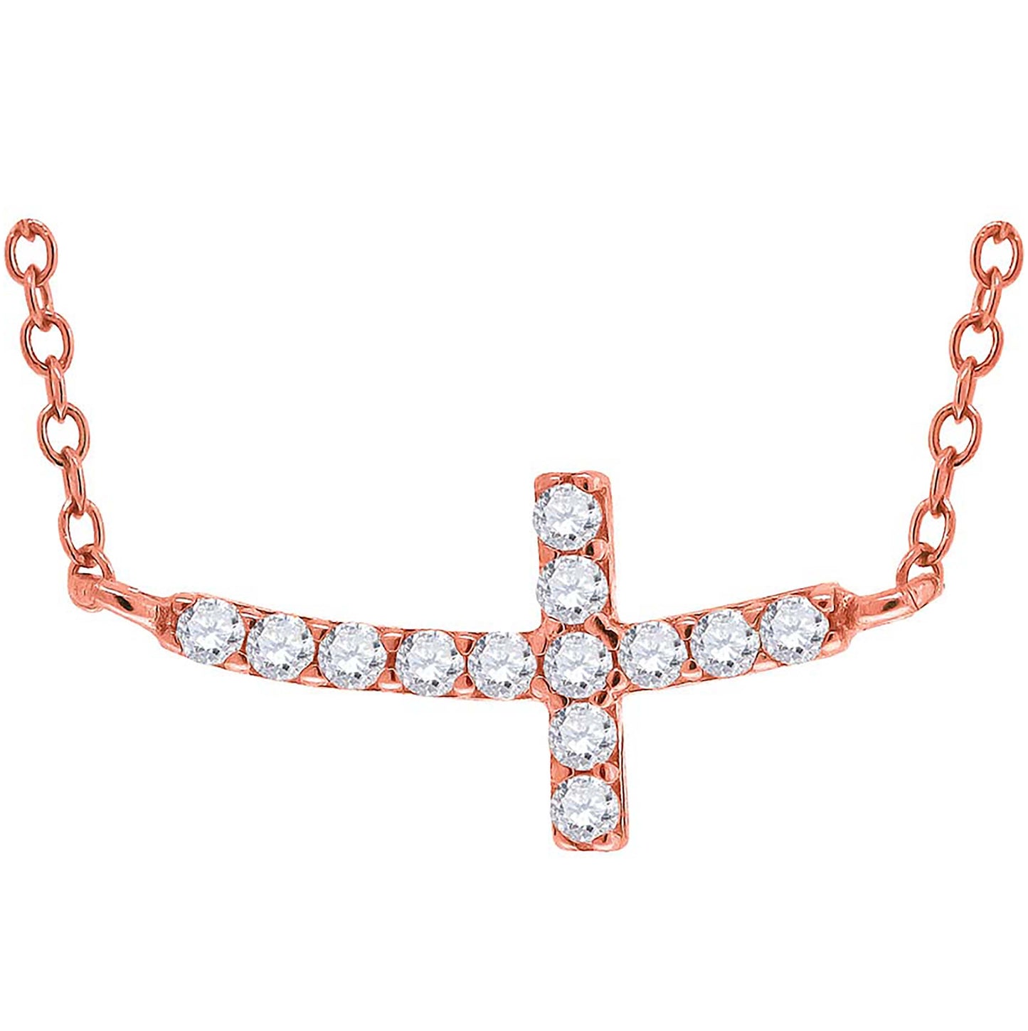 Sterling Silver Rose-Tone Women Cubic Zirconia Rolo Link Cross Necklace