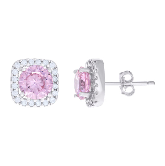 Sterling Silver Womens Pink Cubic Zirconia Square Stud Earrings