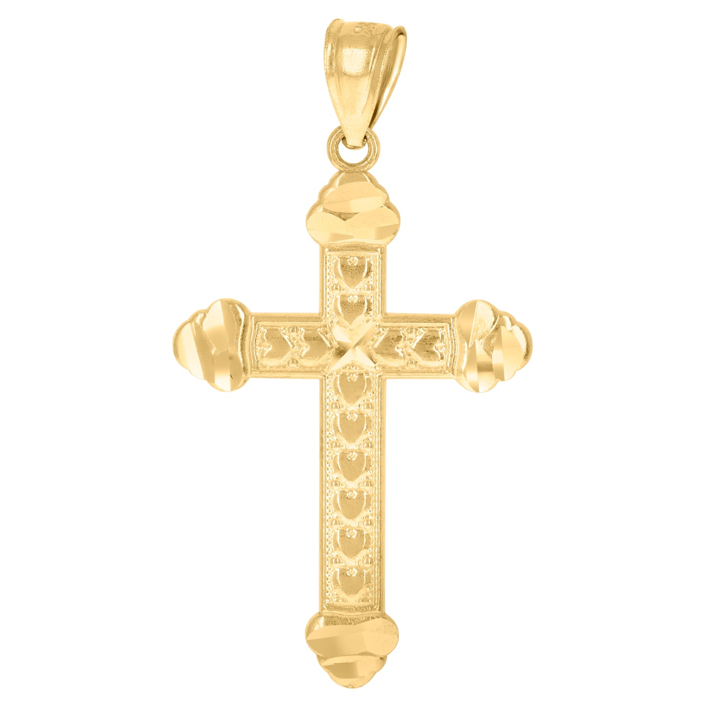 10K Yellow Gold Unisex Textured Hearts Budded Cross Religious Charm Pendant