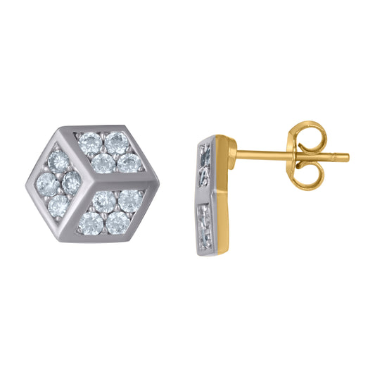 10K Gold Two-Tone Cubic-Zirconia Mens Cube 8.6mm X 9.8mm Push Back Studs