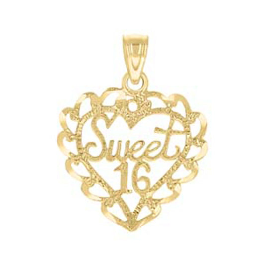 10K Yellow Gold Womens Diamond-Cut Sweet 16 Heart Charm Pendant