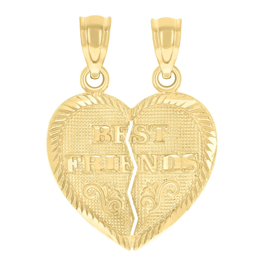 10K Yellow Gold Diamond-Cut Unisex Best Friends Broken Heart Charm Pendant
