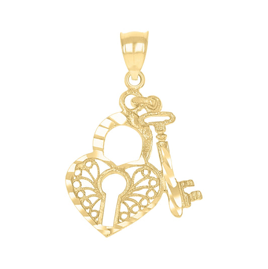 10K Yellow Gold Womens Key Lock Heart Charm Pendant