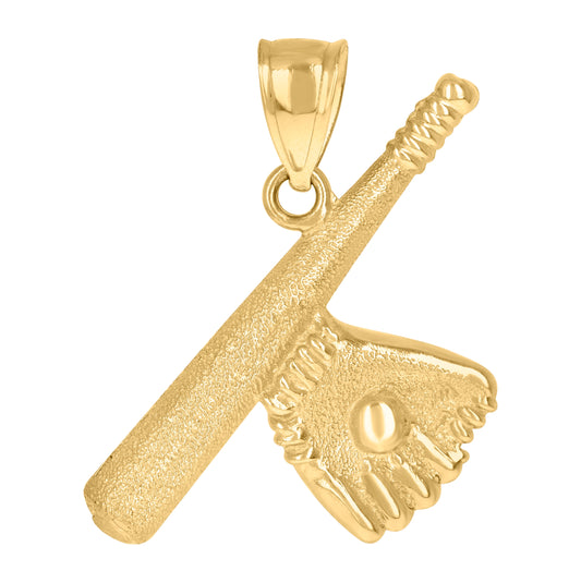 10K Yellow Gold Mens Diamond-Cut Textured Baseball Bat Ball Gloves Charm Pendant