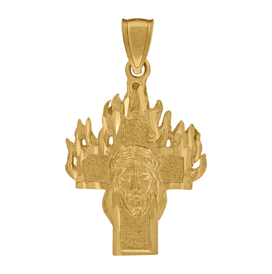 10K Yellow Gold Diamond-Cut Textured Mens Jesus Cross Flames Religious Charm Pendant