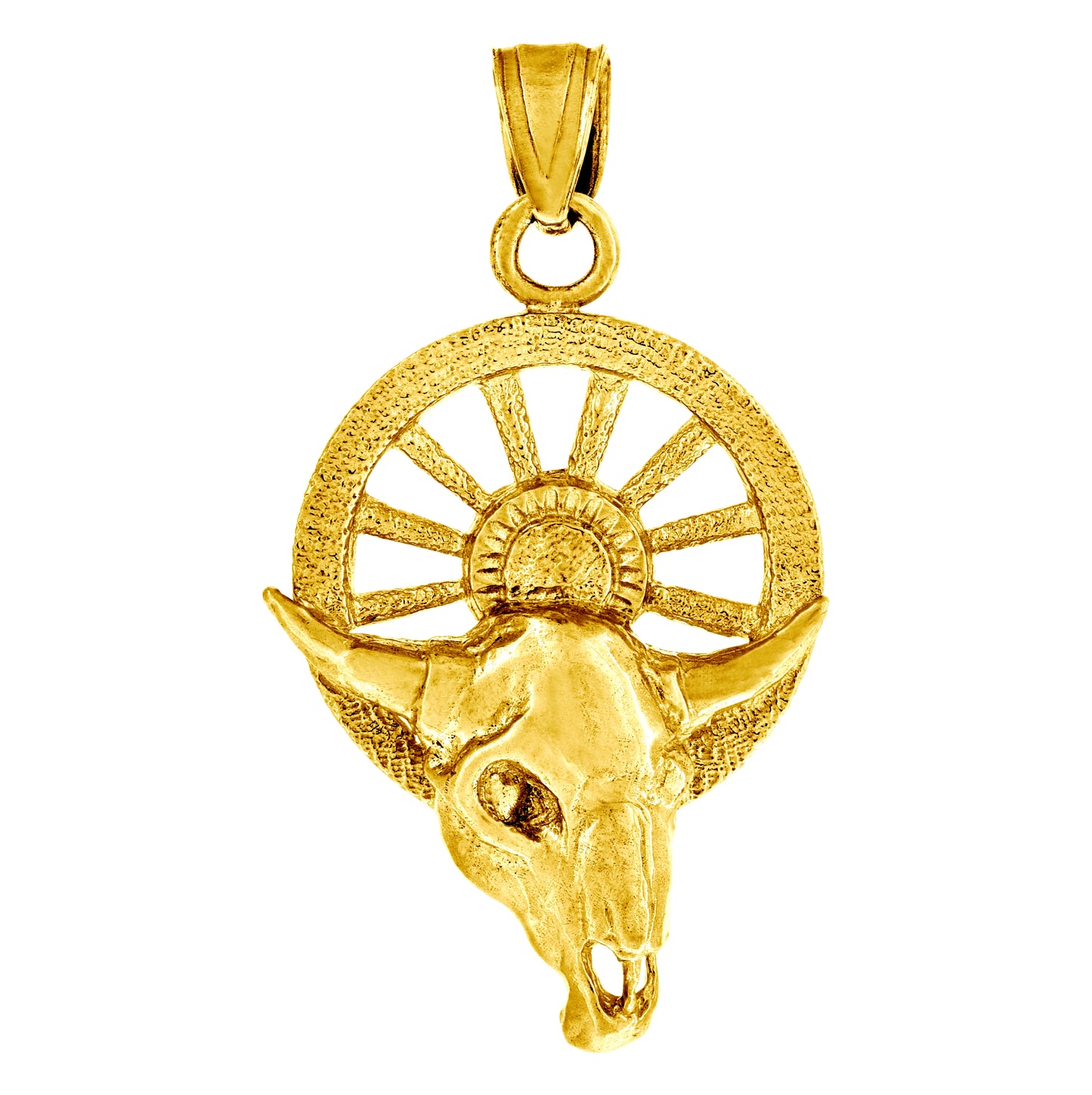 10K Yellow Gold Mens Taurus Cow Skull Wheel Animal Charm Pendant
