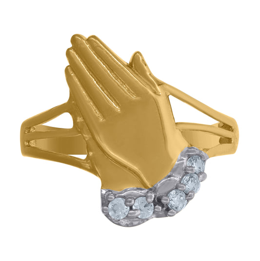 10K Two-Tone Gold Mens Cubic Zirconia Cubic-Zirconia Praying Hands Religious Ring