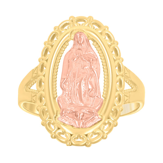10K Two-Tone Gold Mens Diamond Cut Lady Of Guadalupe Religious Ring