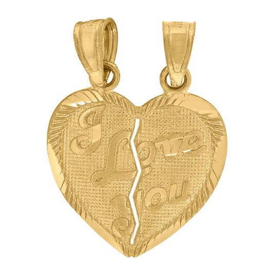 10K Yellow Gold Diamond-Cut Textured Womens I Love You Heart Charm Pendant