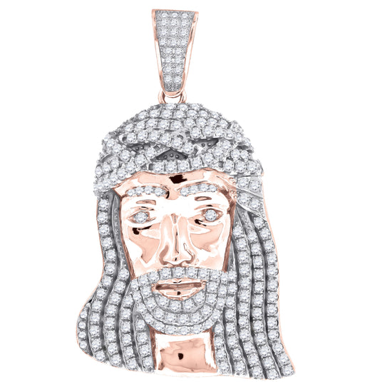 Sterling Silver Rose-Tone Or Yellow-Tone Mens Cubic Zirconia Jesus Religious Charm Pendant