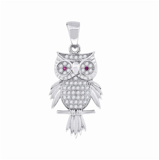 Sterling Silver Womens Pink & White Cubic-Zirconia Owl Bird Charm Pendant