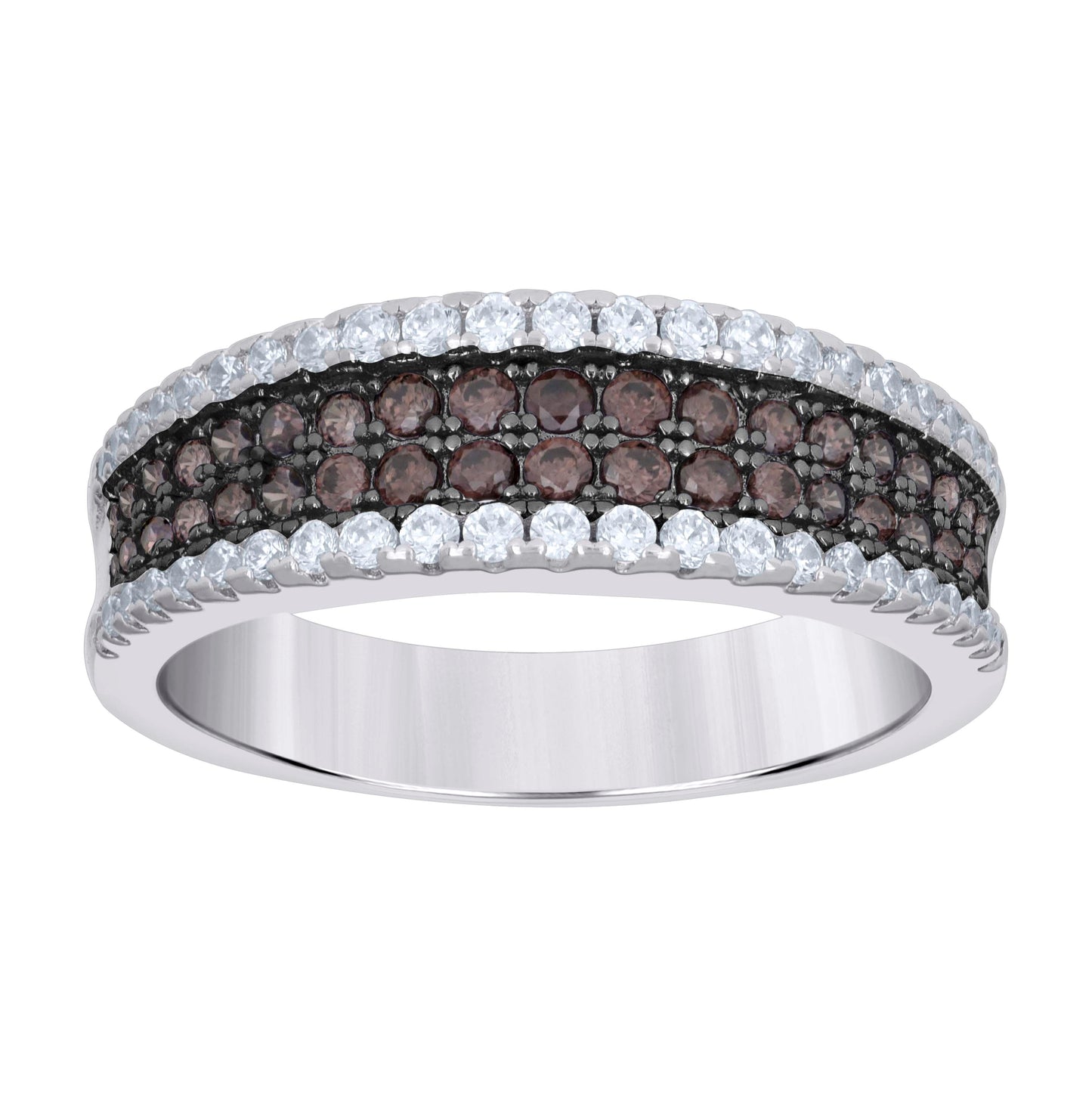 Sterling Silver Mens White Brown Cubic-Zirconia 4 Rows Bridal Anniversary Engagement Wedding Band Ring