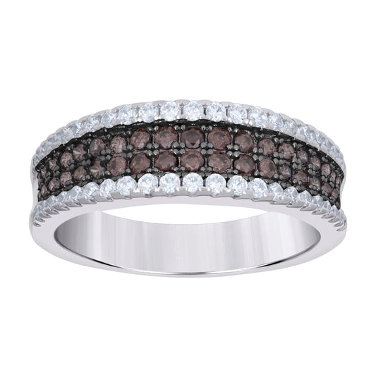 Sterling Silver Mens White Brown Cubic-Zirconia 4 Rows Bridal Anniversary Engagement Wedding Band Ring