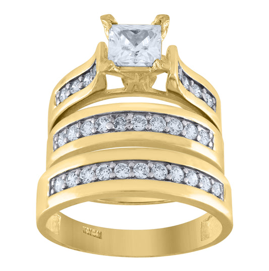 10K Yellow Gold Womens Princess And Round Cubic Zirconia Trio Ring Set