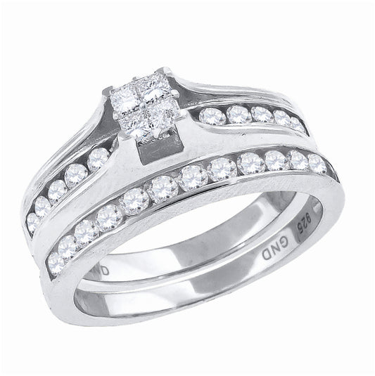 Sterling Silver Womens Cubic Zirconia Sizes 6-9 Princess-Cut Center Stones Square Head Bridal Set Anniversary Engagement Wedding Band Ring
