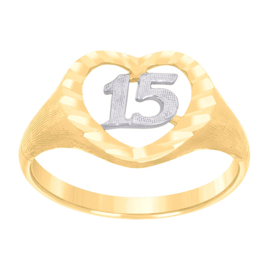 10K Two-Tone Gold Womens Diamond Cut Textured 15 Anos Heart Band Ring