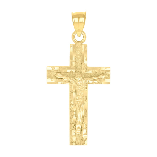 10K Yellow Gold Mens Textured Nugget Crucifix Cross Religious Charm Pendant