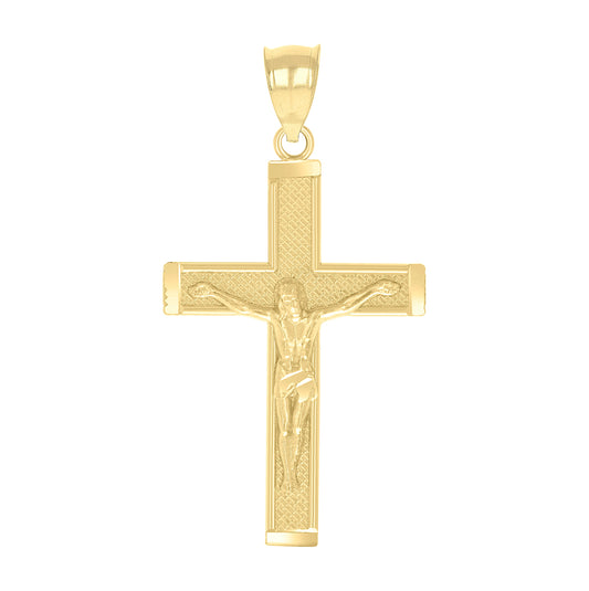 10K Yellow Gold Diamond-Cut Textured Mens Cross Crucifix Religious Charm Pendant