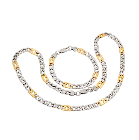 Stainless Steel Mens Two-Tone Cuban Link Bracelet/Necklace Set