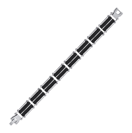 Stainless Steel Mens Link Black Inlay Bracelet 