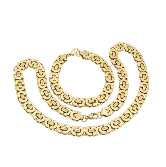 Stainless Steel Mens Yellow-Tone Byzantine Bracelet/Necklace Set