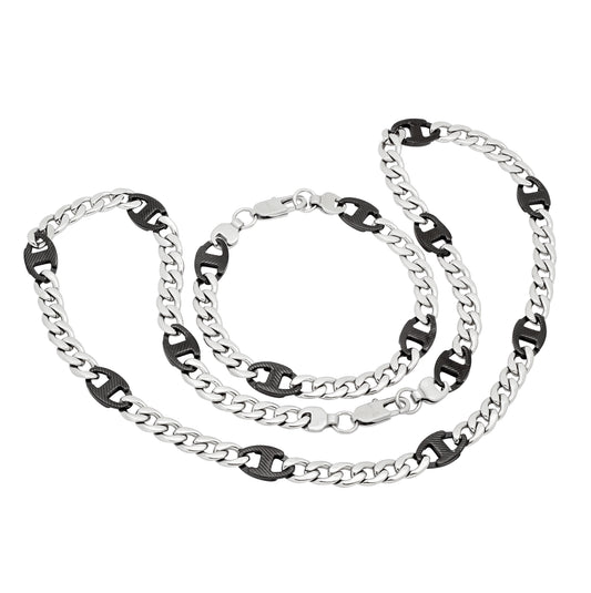 Stainless Steel Mens Link Two-Tone Bracelet/Necklace Set